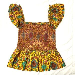 House of Harlow 1960 Smocked Puff Sleeve Floral Peplum Top Yellow Multicolor S